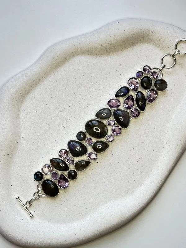 Pulseira máxi Labradorita e ametistas 
