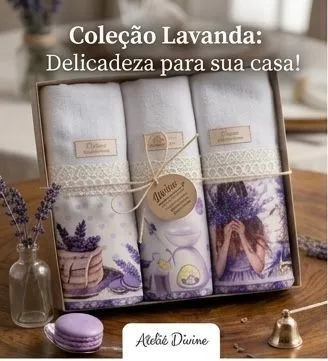 Caixa presente com 3 Pano de Copa Premium Santa Margarida | Barrado Digital + Renda de Algodão Lavanda 