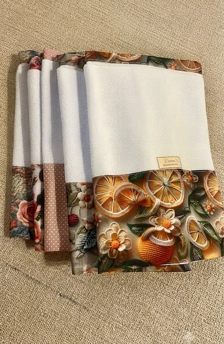 Kit 5 panos de prato dia a dia  flores e frutas 