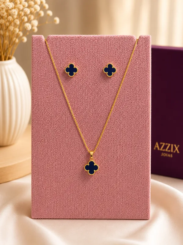 CONJUNTO TREVO AZUL - DOURADO