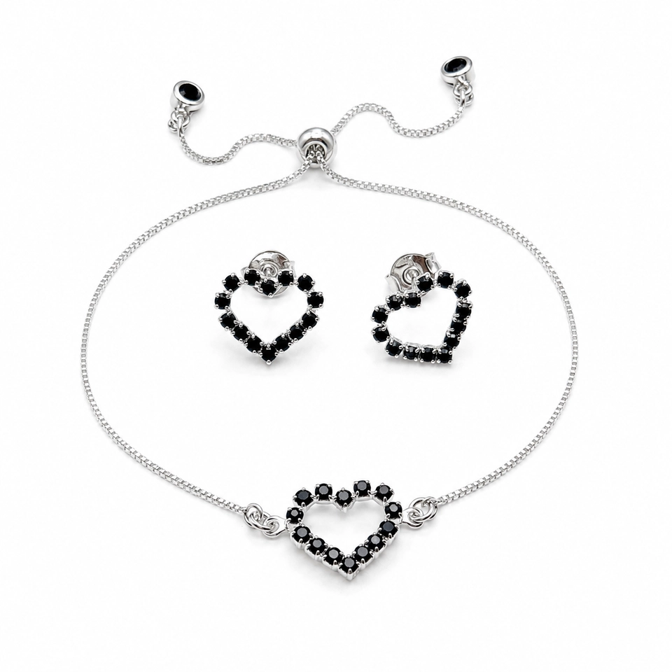 Conjunto brinco + pulseira coração preto