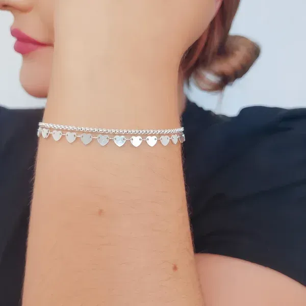 Pulseira dupla corações e malha pipoca - 2