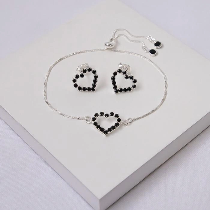 Conjunto brinco + pulseira coração preto - 2