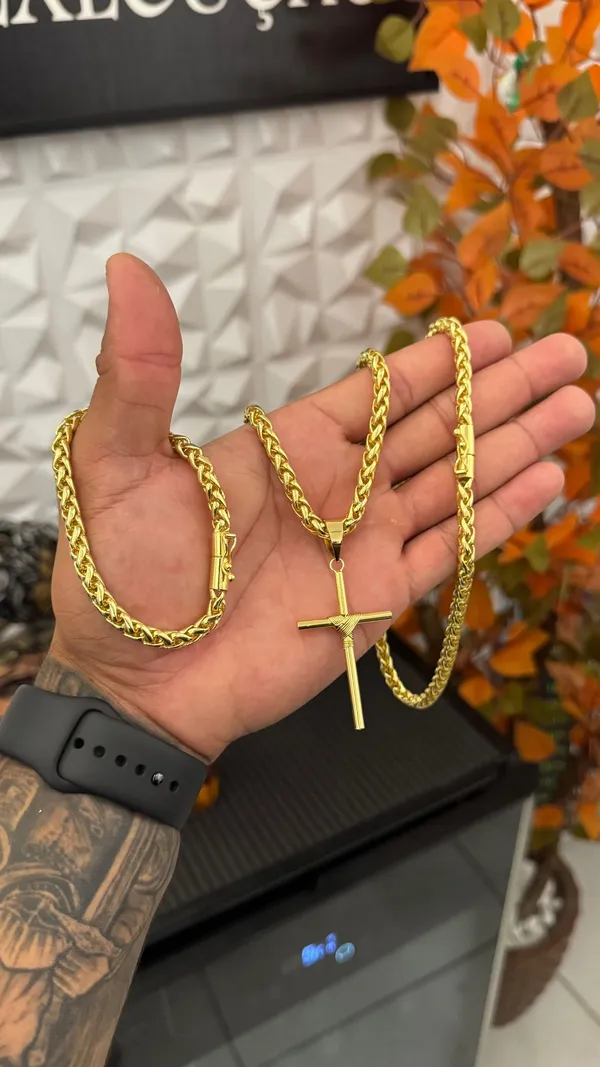 Kit Elo Peruana 8mm Corrente Pulseira e Pingente Banhado a ouro 18k