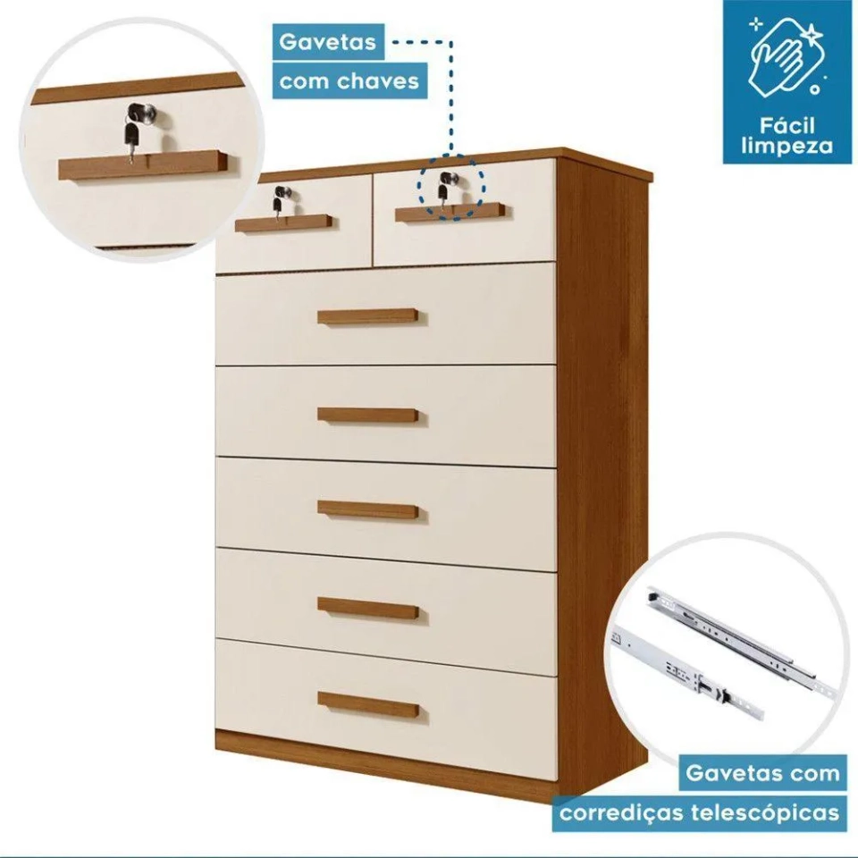Cômoda Barcelona 7 Gavetas 2 C/ Chaves puxadores de Mdf 4 pés de Pvc  - 3