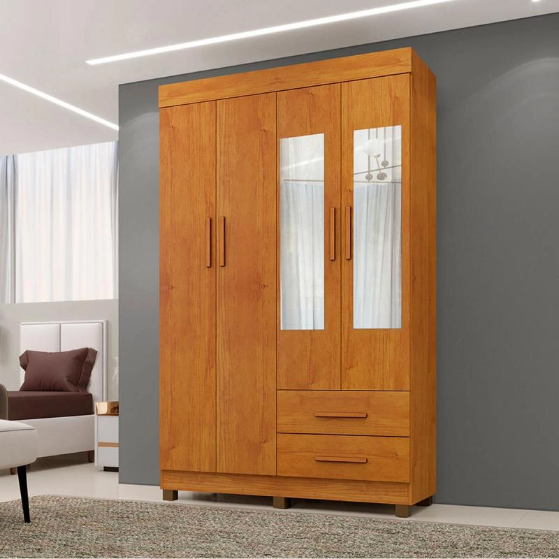 Guarda Roupa Solteiro Copacabana C/ Espelho 4 Portas E 2 Gavetas 3 Prateleiras Puxador de MDF - Alt.: 210cm Larg.: 114cm Prof.: 43cm. - 1