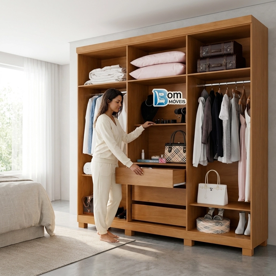 Guarda Roupa Milão 6 Portas 2 Ripadas 3 Gavetas Puxadores Mdf 8 Pés Pvc - Alt.: 215cm Larg.: 200cm Prof.: 47cm - 6