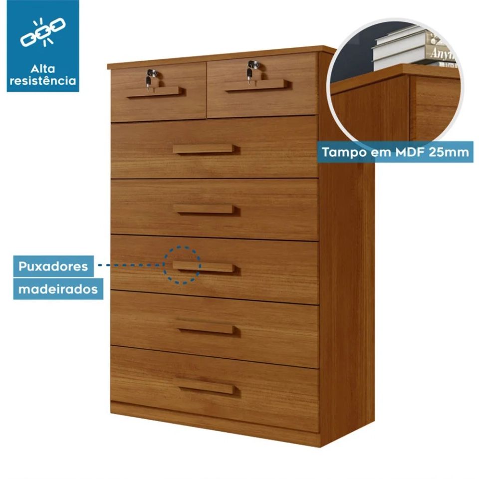 Cômoda Barcelona 7 Gavetas 2 C/ Chaves puxadores de Mdf 4 pés de Pvc  - 7