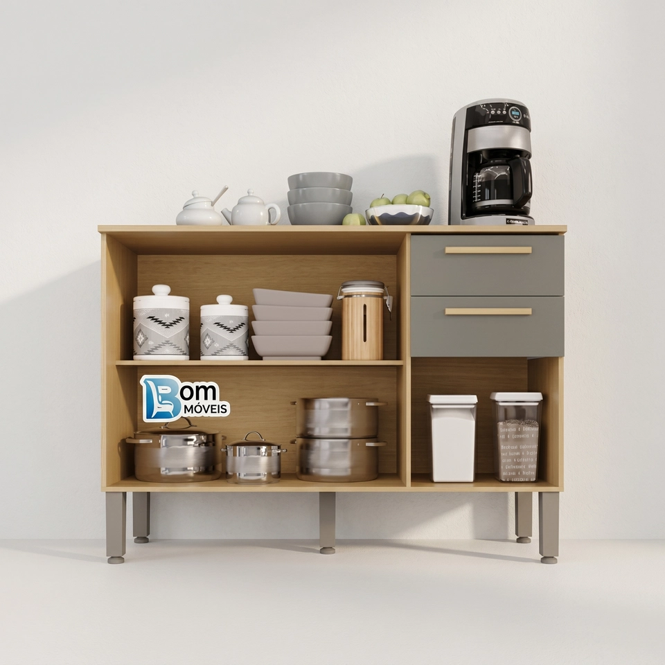 Balcão New Valencia C/ 3 Portas 1 Prateleira 2 Gavetas Puxadores Mdf 5 Pés Reguláveis - Alt.: 85,5cm Larg.: 120cm Prof.: 36cm. - 2