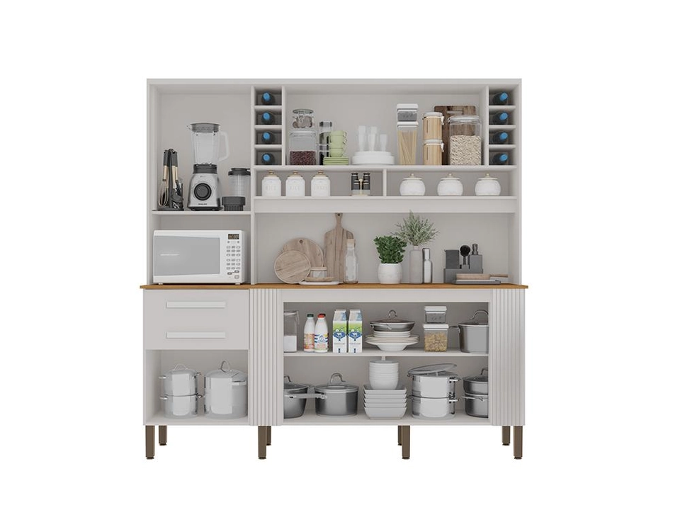 Cozinha Catar Com Molduras Ripadas 6 Portas 2 Gavetas Puxadores Mdf 2 Nichos Adega 8 Pés Reguláveis - Alt.: 200cm Larg.: 200cm Prof.: 45cm. - 6