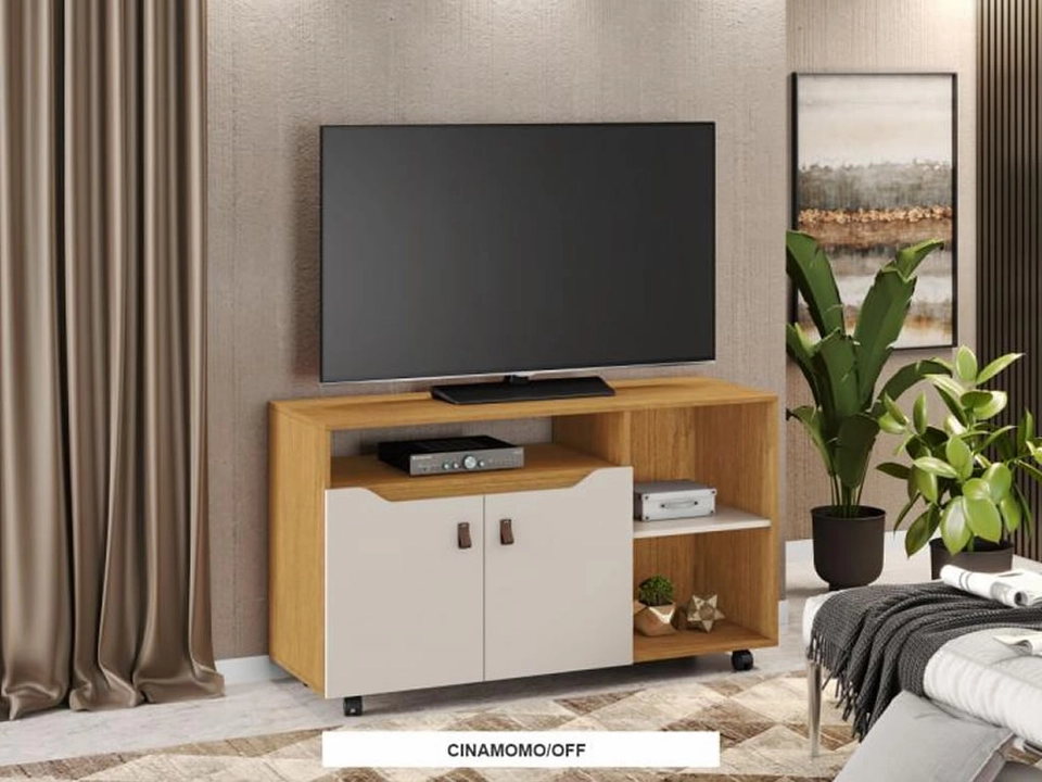 Rack Seleto P/ Tv Até 50 Polegadas 2 Portas Puxadores Corino Marrom 3 Divisões 4 Rodizios  - 1