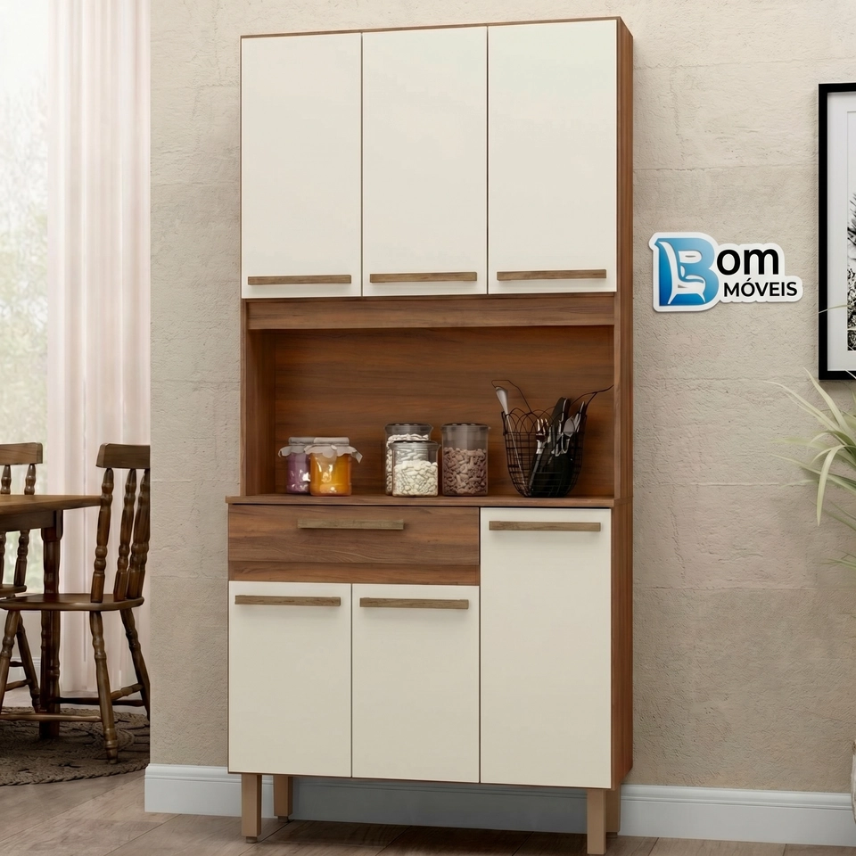 Cozinha Compacta Santiago 6 Portas 3 Prateleiras 1 Gaveta Puxadores Mdf 4 Pés Reguláveis - Alt: 191cm - Larg.: 91 - Prof.: 35,5 - 5