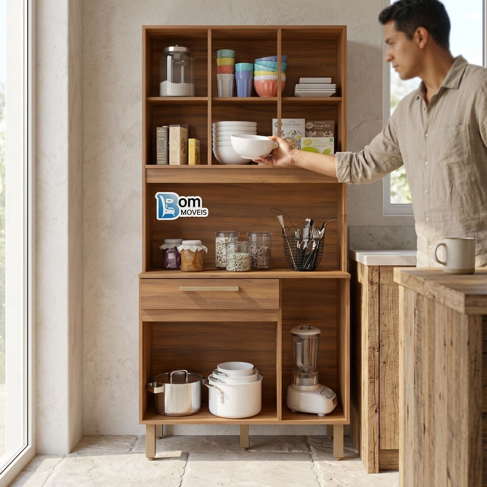 Cozinha Compacta Santiago 6 Portas 3 Prateleiras 1 Gaveta Puxadores Mdf 4 Pés Reguláveis - Alt: 191cm - Larg.: 91 - Prof.: 35,5 - 3