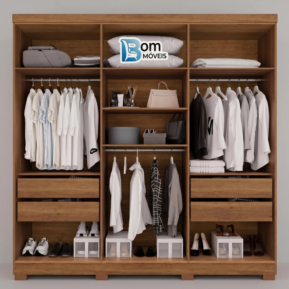 Guarda Roupa Coliseu 6 Portas C/ 4 Gavetas Internas Puxadores de MDF - Alt.: 223cm - Larg.: 220cm - Prof.: 47cm - 2