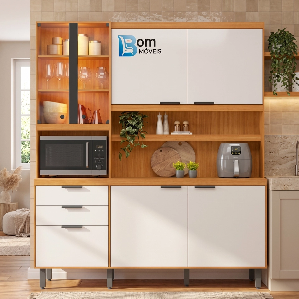 Cozinha Compacta Murano C/ 7 Portas 2 De Vidro C/ Led 7 Pés Reguláveis - Alt.: 212cm - Larg.: 182 - Prof.: 48 - 3