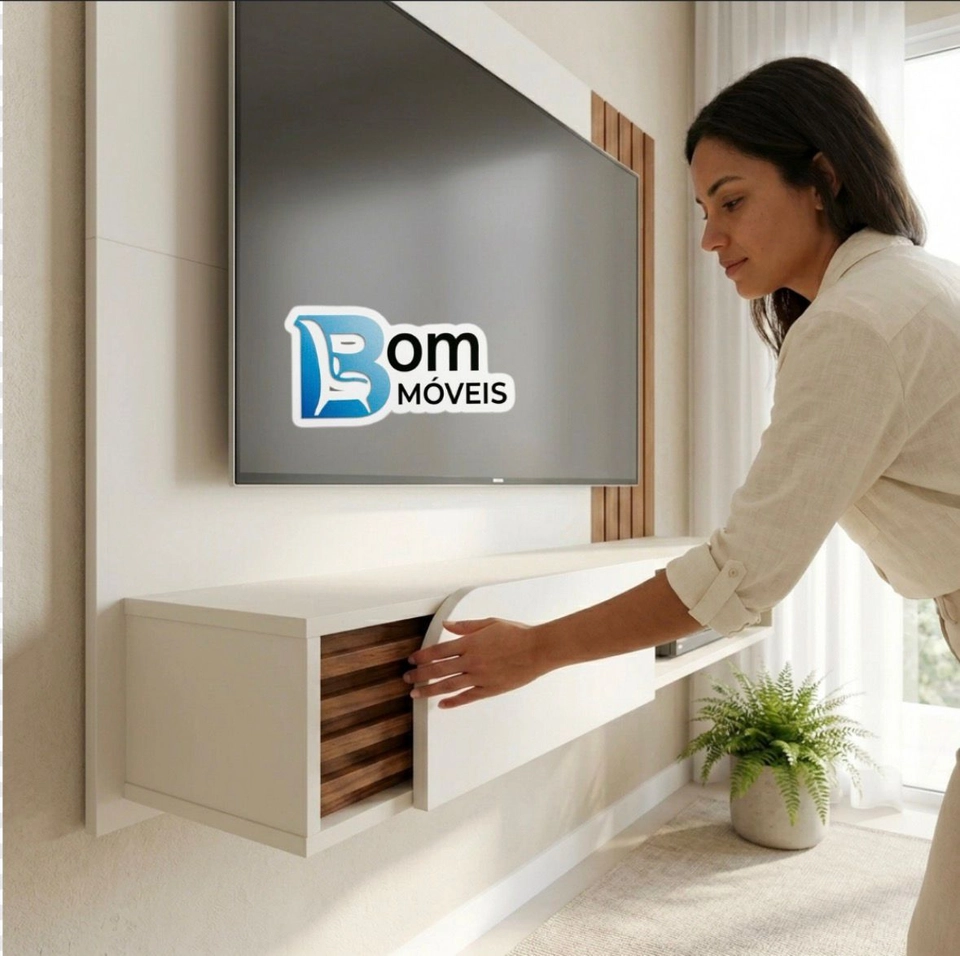 Painel Jurere Para Tv De Até 60 Polegadas 1 Porta Bascula C/ Ripas E Faixa Lateral Ripada - Alt.: 108cm Larg.: 136cm Prof.: 28cm. - 3