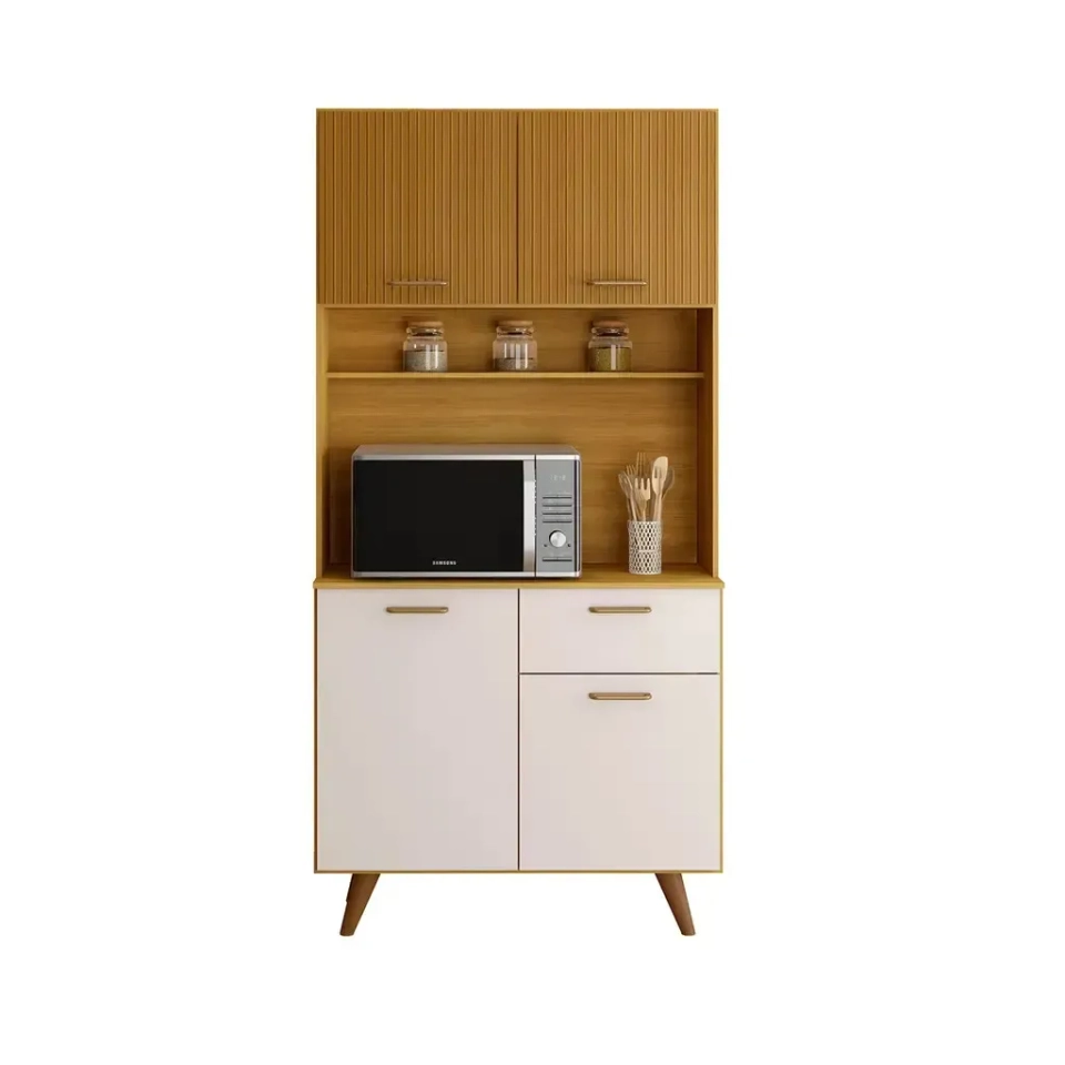Cozinha Compacta Izis 4 Portas 2 Superiores C/ Ripado Gráfico 1 Gaveta Puxadores Bronze Metálicos 6 Pés Reguláveis - Alt.: 188cm Larg.: 90cm Prof.: 35cm. - 1