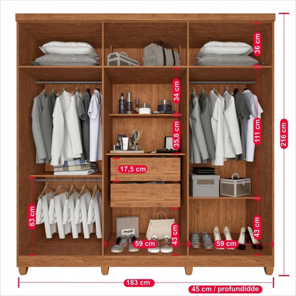 Guarda Roupa Portugal Mdf 6 Portas 2 frisadas 2 Gavetas Puxadores Mdf 8 Pés - Alt.: 216cm Larg.: 183cm Prof.: 45cm. - 5