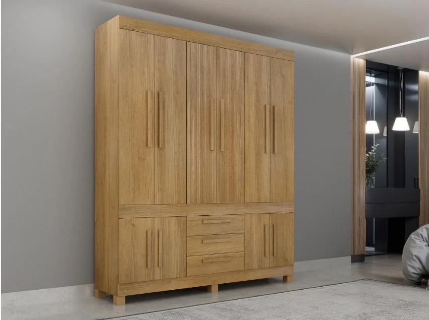 Guarda Roupa Bem Tevi 10 Portas Sendo 2 Frisadas E 2 Sapateiras 3 Gavetas Puxadores Mdf C/ 6 Pés - Alt.: 225cm Larg.: 185cm  Prof.: 47cm. - 1