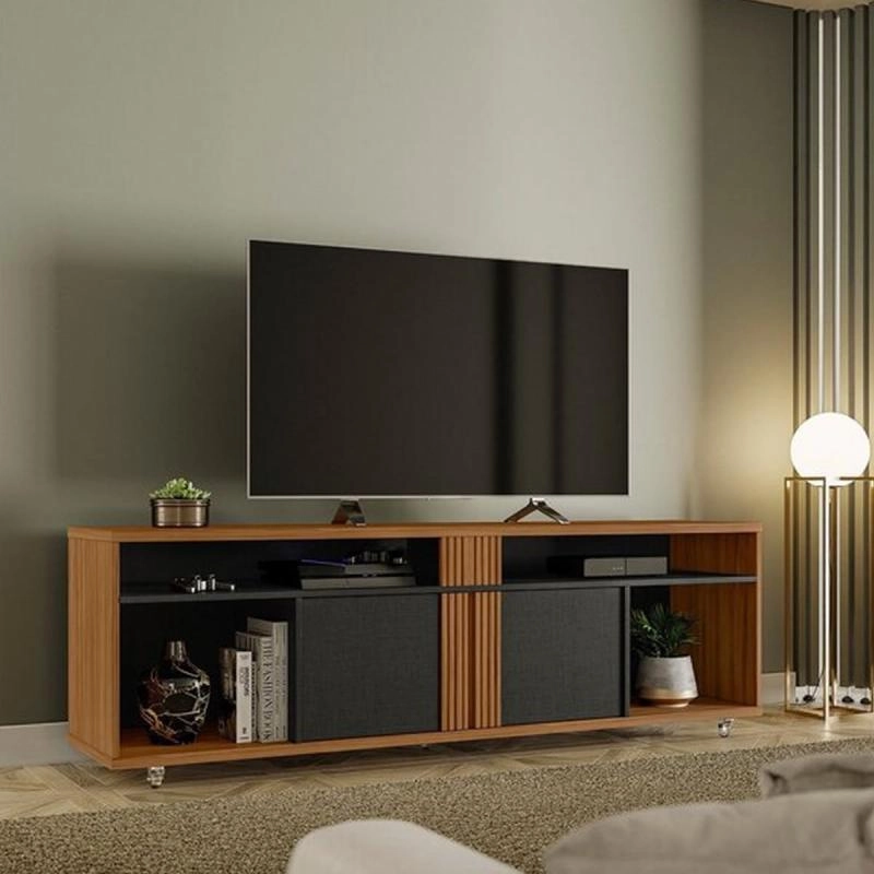 Rack Bancada Nt 1290 P/ Tv De Até 70 Polegadas 2 Portas Frisadas 6 Divisões 6 Rodízios De Silicone - Alt.: 59cm Larg.: 180cm Prof.: 38cm. - 1