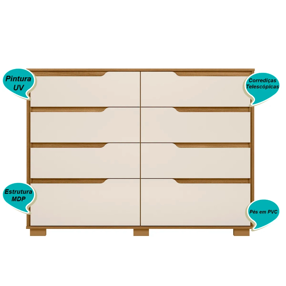 Cômoda Georgia Com 8 Gavetas C/ 6 Pés Em Pvc Puxadores Em Cava - Alt.: 108cm Larg.: 147cm Prof.: 47cm. - 3