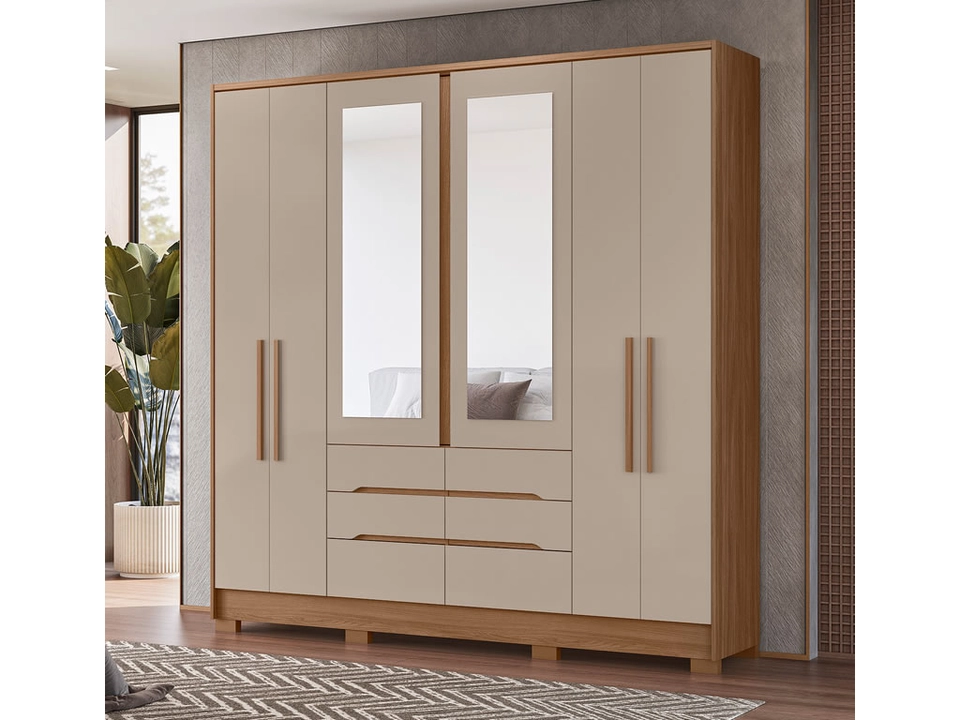 Guarda Roupa San Francisco C/ 2 Espelhos 6 Portas 4 Gavetas 7 Prateleiras Puxadores Mdf - Alt.: 222cm Larg.: 216cm Prof.: 47cm. - 1