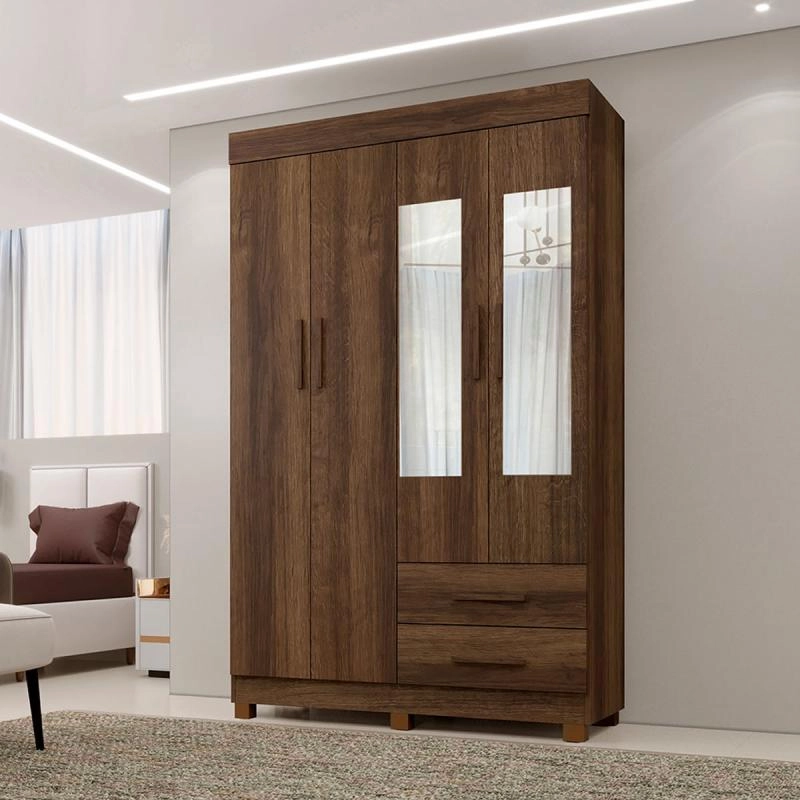 Guarda Roupa Solteiro Copacabana C/ Espelho 4 Portas E 2 Gavetas 3 Prateleiras Puxador de MDF - Alt.: 210cm Larg.: 114cm Prof.: 43cm. - 3