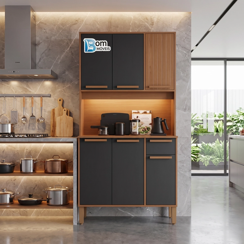 Cozinha Compacta Lagos C/ 6 Portas 1 Frisada 1 Gaveta Puxadores de Mdf E 4 Pés Reguláveis - Alt.: 178cm - Larg.: 90cm Prof.: 36 - 6