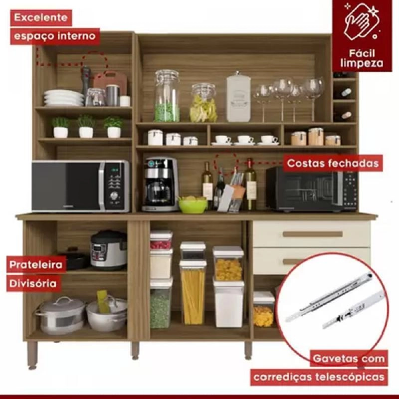 Cozinha Compacta Alexia C/ 2 Espelhos 6 Portas 2 Gavetas Nicho Adega Puxadores Mdf 6 Pés Reguláveis - Alt.: 200cm Larg.: 182cm Prof.: 42cm.  - 2
