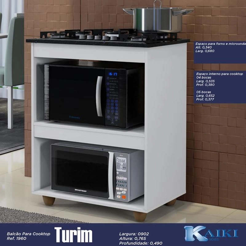 Balcão Cooktop Turin 5 Bocas C/ 2 Divisões P/ Forno e Micro-ondas 4 Pés - Alt.: 90,2cm Larg.: 76,5cm Prof.: 49cm. - 2