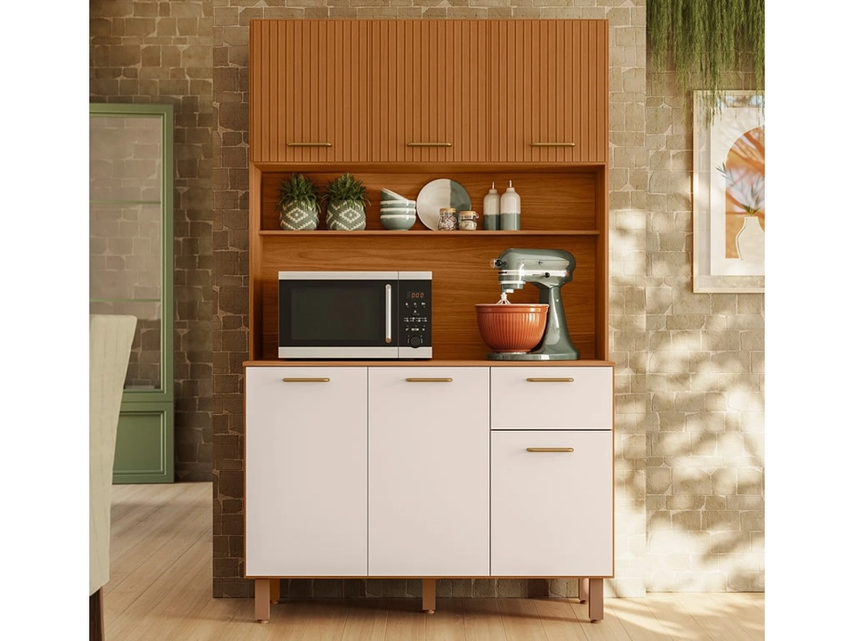 Cozinha Compacta Livia 6 Portas 3 Ripadas Graficamente 1 Gaveta Puxadores Metalizados 5 Pés Reguláveis - Alt.: 188cm Larg.: 110cm Prof.: 35cm. - 2