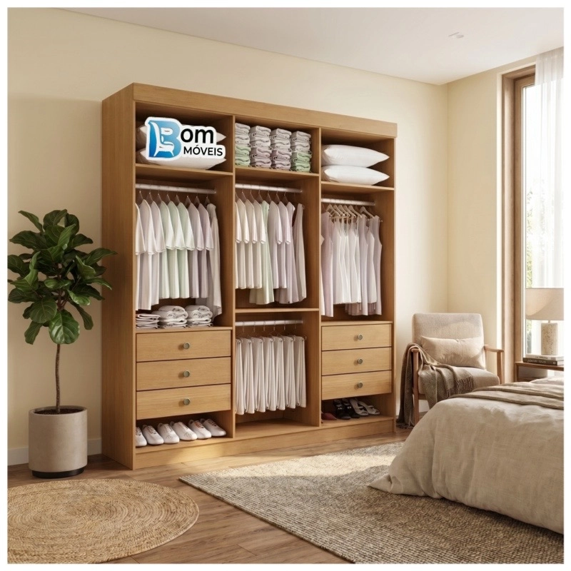 Guarda Roupa Colibri 6 Portas E 6 Gavetas Cabideiros De Alumínio E Puxadores De Mdf - Alt.: 218cm - Larg.: 206cm - Prof.: 48cm. - 6