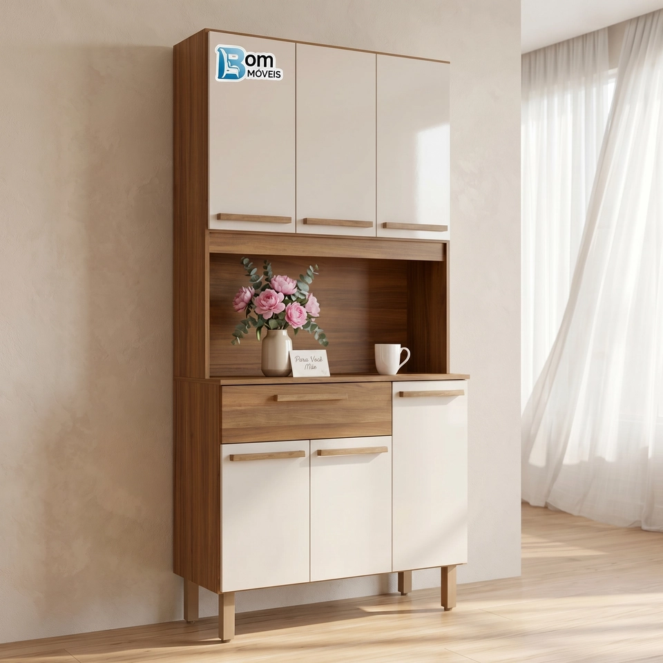 Cozinha Compacta Santiago 6 Portas 3 Prateleiras 1 Gaveta Puxadores Mdf 4 Pés Reguláveis - Alt: 191cm - Larg.: 91 - Prof.: 35,5 - 4
