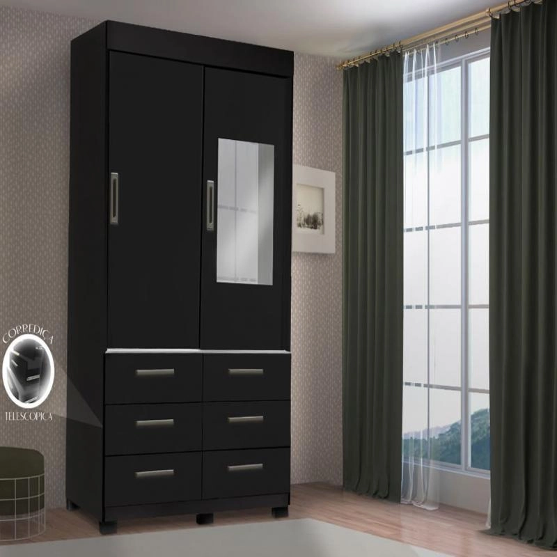 Guarda Roupa Solteiro Buzios C/ Espelho 2 Portas De Correr 6 Gavetas 1 C/ Chave - Alt.: 207cm Larg.: 121cm Prof.: 45cm. - 5