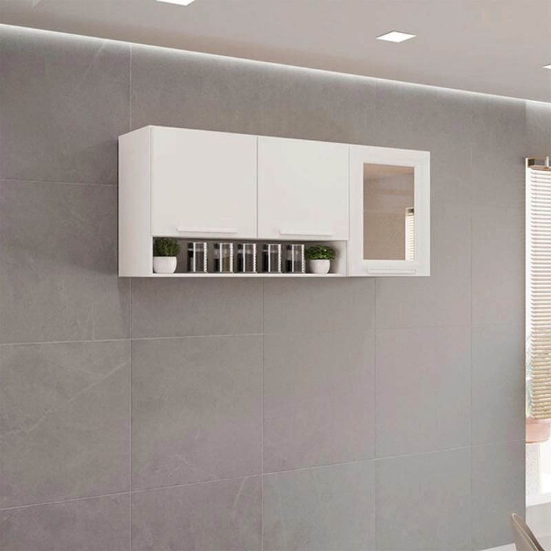 Armário Aéreo De Cozinha Valencia C/ Vidro Reflecta 3 Portas 2 Prateleiras Puxador Mdf - Alt.: 54cm Larg.: 120cm Prof.: 26cm. - 6