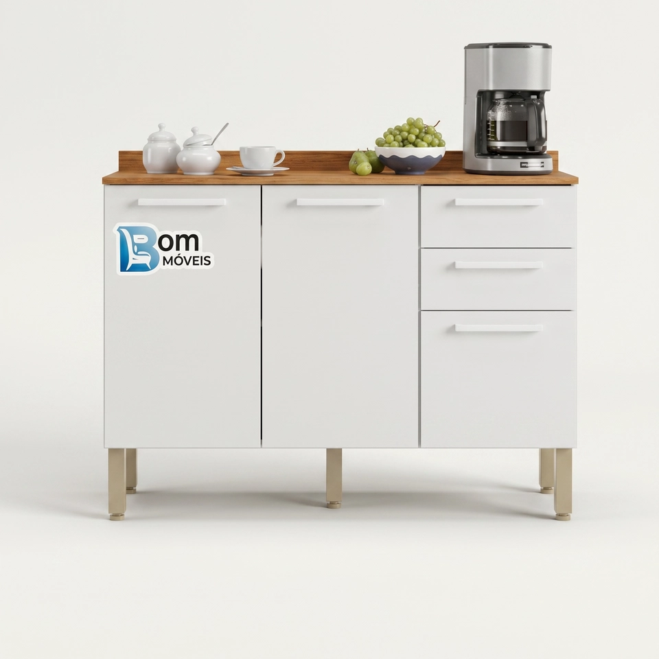 Balcão New Valencia C/ 3 Portas 1 Prateleira 2 Gavetas Puxadores Mdf 5 Pés Reguláveis - Alt.: 85,5cm Larg.: 120cm Prof.: 36cm. - 5