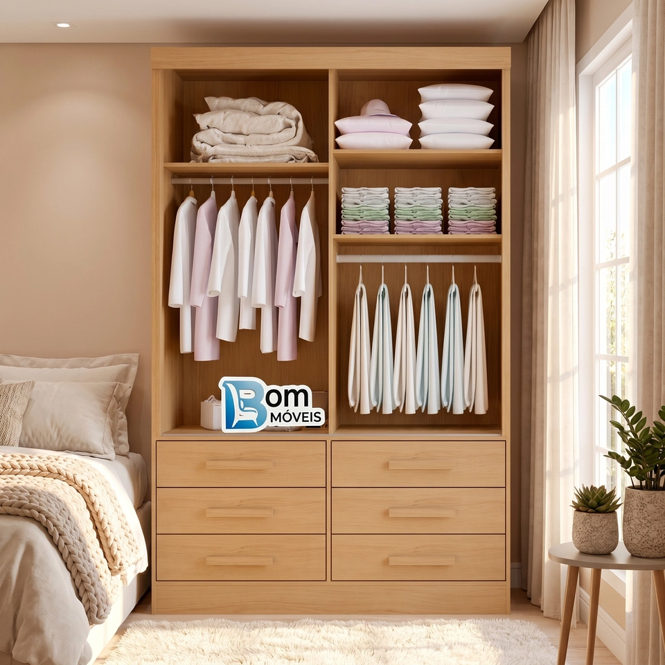 Guarda Roupa Meridia 2 Portas Deslizantes 1 C/ Espelho Inteiro 6 Gavetas - Alt.: 218cm - Larg.: 135cm - Prof.: 52cm. - 6