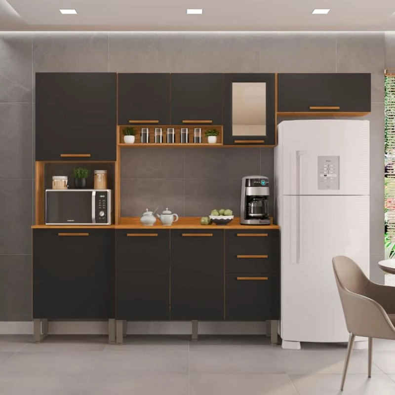 Cozinha Modulada 4 Peças 8 Portas 1 Porta de Vidro 2 Gavetas Puxadores  Em Mdf 10 Pés Reguláveis.  - 3