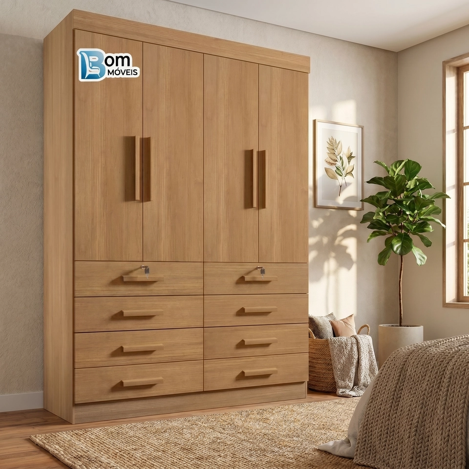 Guarda Roupa Mônaco 4 Portas 8 Gavetas 2 C/ Chave Puxadores De Mdf - Alt.: 230cm - Larg.: 160cm - Prof.: 55cm. - 6