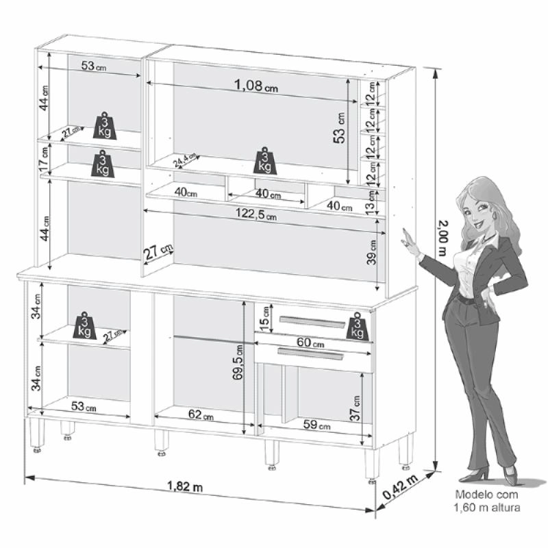 Cozinha Compacta Alexia C/ 2 Espelhos 6 Portas 2 Gavetas Nicho Adega Puxadores Mdf 6 Pés Reguláveis - Alt.: 200cm Larg.: 182cm Prof.: 42cm.  - 5