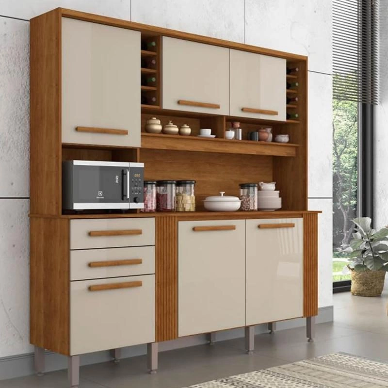 Cozinha Catar Com Molduras Ripadas 6 Portas 2 Gavetas Puxadores Mdf 2 Nichos Adega 8 Pés Reguláveis - Alt.: 200cm Larg.: 200cm Prof.: 45cm. - 3