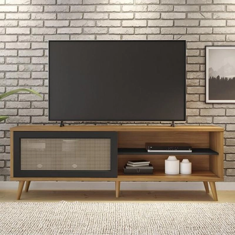 Rack Nt 1175 P/ Tv De Até 60 Polegadas C/ 1 Porta Deslizante 4 Divisões 5 Pés Palitos De Madeira - Alt.: 57cm Larg.: 163cm Prof.: 38cm.  - 1
