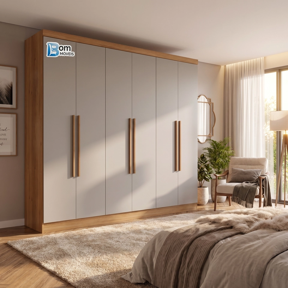 Guarda Roupa Coliseu 6 Portas C/ 4 Gavetas Internas Puxadores de MDF - Alt.: 223cm - Larg.: 220cm - Prof.: 47cm - 3