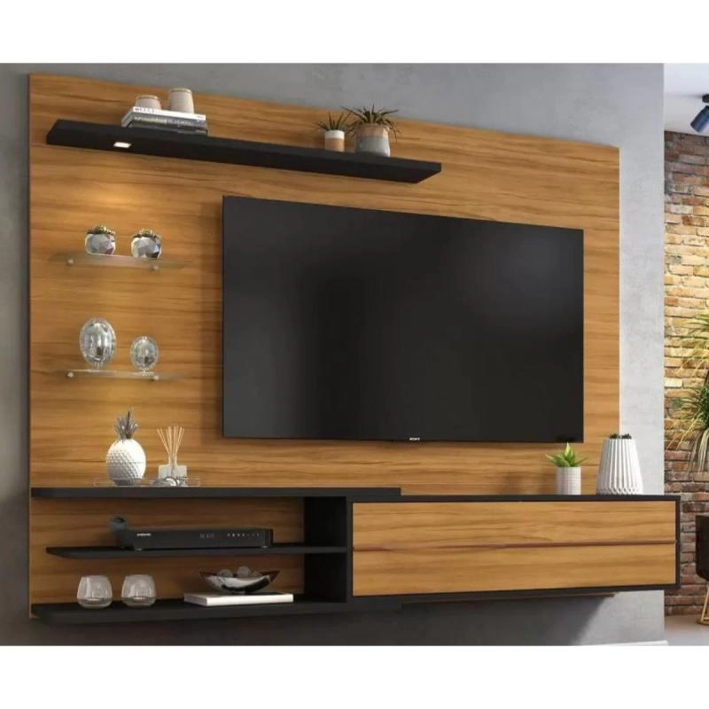 Painel Nt 1115 Para Tv De Até 60 Polegadas C/ Luz De Led 3 Prateleiras 2 De Vidro 1 Porta Báscula Puxador Metalizado - Alt.: 150,5cm Larg.: 180cm Prof.: 36cm.  - 2