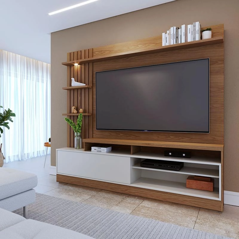 Home Theater Maceió P/ Tv De Até 70 Polegadas C/ 3 Prateleiras 1 Led 1 Porta Bascula Lateral Ripada - 