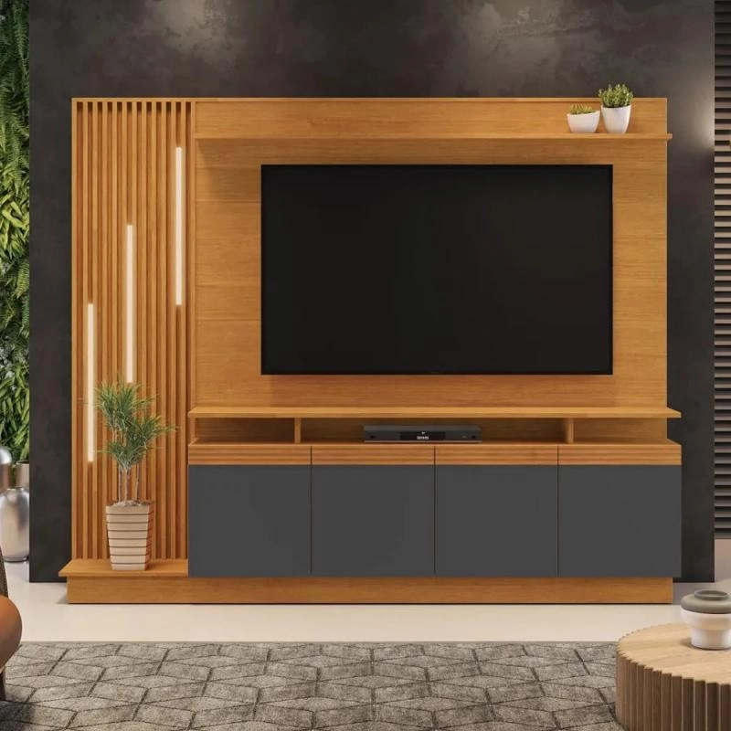 Home Theater Absoluto P/ Tv Até 65 Polegadas 4 Portas C/ Puxadores e Lateral Vertical Ripados C/ 3 Fitas de Led 1 Prateleira Superior - Alt.: 189cm Larg.: 200cm Prof.: 43cm. - 3