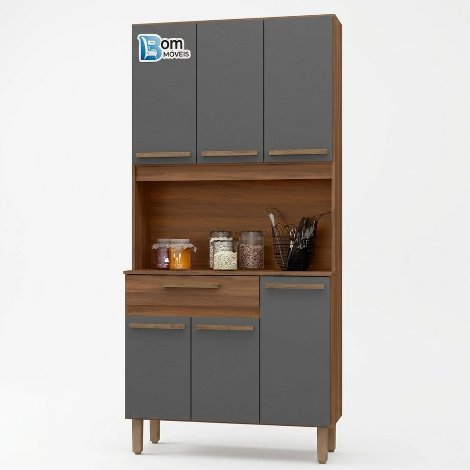 Cozinha Compacta Santiago 6 Portas 3 Prateleiras 1 Gaveta Puxadores Mdf 4 Pés Reguláveis - Alt: 191cm - Larg.: 91 - Prof.: 35,5