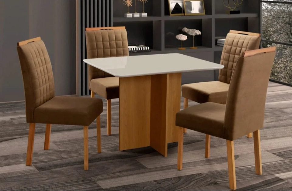 Conjunto De Mesa Malaga C/ Tampo De Vidro E Base De Mdf C/ 6 Cadeiras - Larg.: 160cm - Prof.: 80cm.  - 2