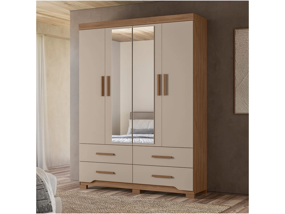 Guarda Roupa Miami C/ 2 Espelhos 4 Portas 4 Gavetas 6 Puxadores De Mdf6 Pés - Alt.: 212cm Larg.: 157cm Prof.: 47cm.