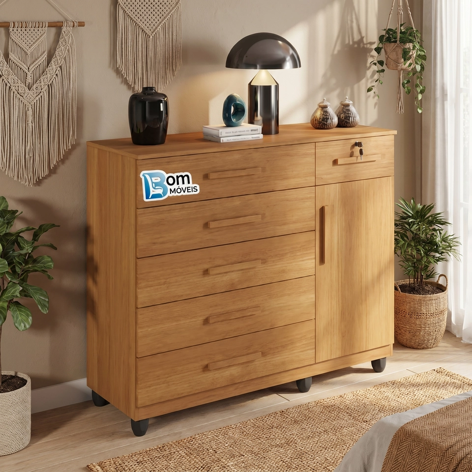 Cômoda Milão C/ Sapateira 6 Gavetas 1 Chave 1 Porta 1 Prateleira Puxadores MDF 6 Pés - Alt.: 110 cm Larg.: 122cm Prof.: 45cm. - 6